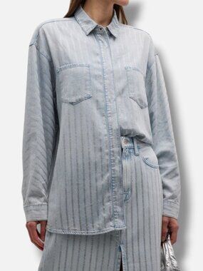 Triarchy Women's Blue Ms. Sofiane Metallic-Stripe Denim Shirt Size L